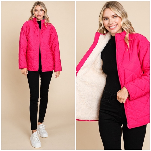 JODIFL Hot Pink Sherpa Lined Quilted Jacket - Picture 3 of 6